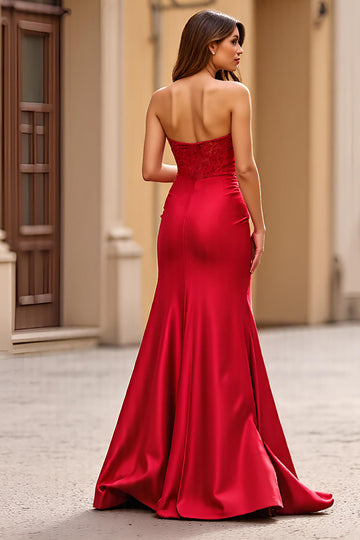 Red Satin Sheath Sweetheart Long Formal Dress with Slit